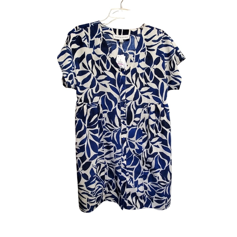 EMMA & MICHELE Blue White Leaf Print V Neck Button Front Dress Size S